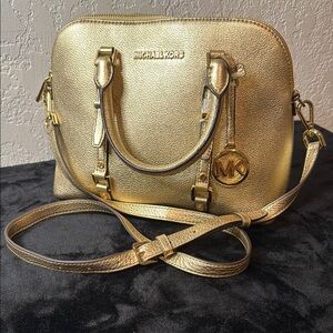 Brand New! Michael Kors Gold Leather Satchel with Dome Shape and Crossbody Strap